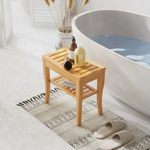 2-Tier Slatted Shower Bench Storage Seat Stool with a Shelf. - Premium from Unbranded - Just £41.95! Shop now at Senior Living Aids