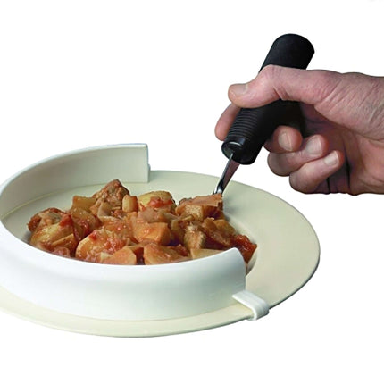 Flexible food guard for one-handed eating, fits plates 7 to 10 inches, microwave and dishwasher safe.