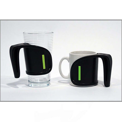 Duo Clip On Mug Handle displayed on a white mug and a clear glass, showcasing ergonomic design and easy attachment.