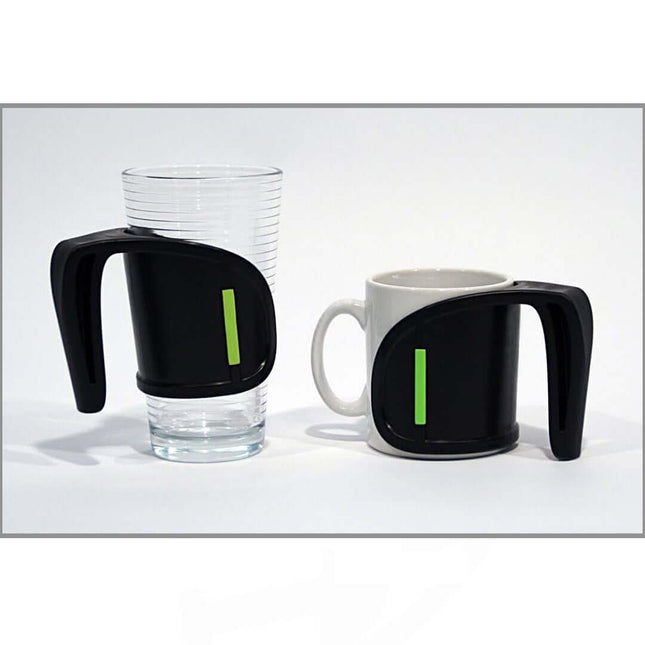 Duo Clip On Mug Handle displayed on a white mug and a clear glass, showcasing ergonomic design and easy attachment.