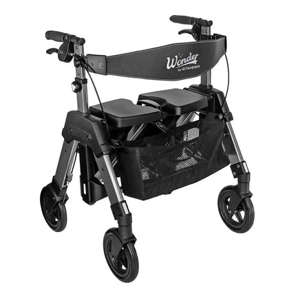 Heavy Duty EZ Fold and Go Rollator by Stander, designed for stability and comfort, ideal for shopping and outings.