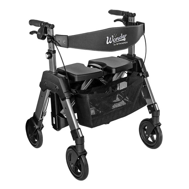 Heavy Duty EZ Fold and Go Rollator by Stander, designed for stability and comfort, ideal for shopping and outings.