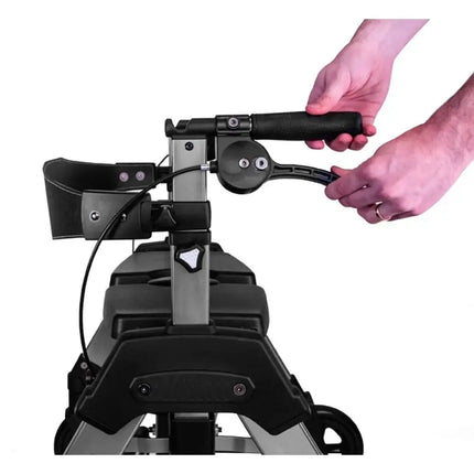 Close-up of Heavy Duty EZ Fold and Go Rollator handle, showcasing its user-friendly grip and braking system.