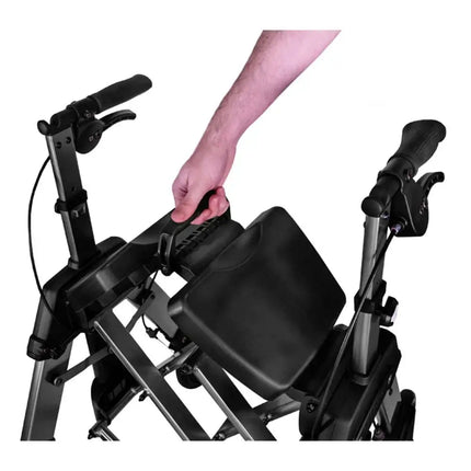 User adjusting the seat on the Heavy Duty EZ Fold and Go Rollator for enhanced comfort and support.