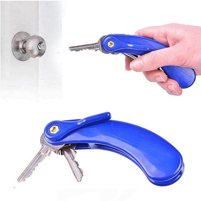 Key Turning Aid in blue held by a hand, designed for easier key turning with a curved handle.