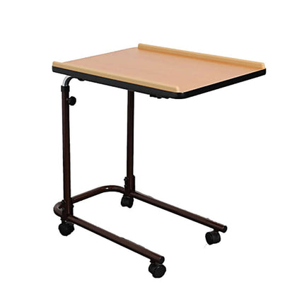 Adjustable Over Bed/Chair Table with wooden top and swivel castors for easy mobility and secure positioning.