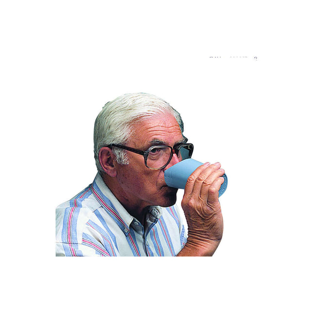 Elderly man using a blue Nose Cut-Out Beaker, designed for safe drinking without tilting the head.