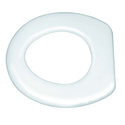 Padded toilet seat with washable vinyl cover for comfort and easy cleaning, secured with a plastic rim.
