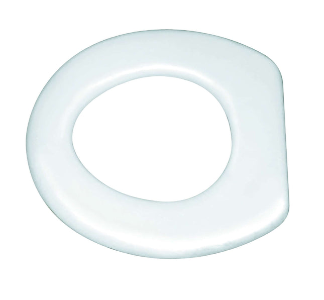 Padded toilet seat with washable vinyl cover for comfort and easy cleaning, secured with a plastic rim.