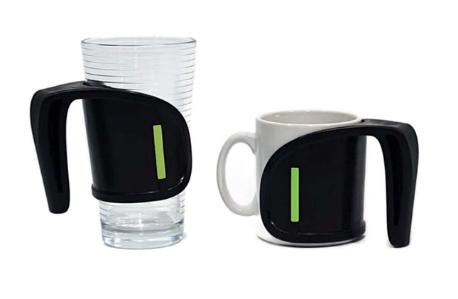 Duo Clip On Mug Handle shown with two mugs, enhancing grip and stability for comfortable drinking.