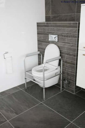 Atlantis toilet frame in a modern bathroom, providing support for users to safely sit and stand on the toilet.