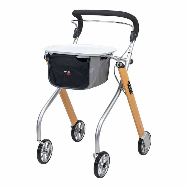 Lets Go Indoor rollator in beech and silver, featuring a black storage bag, designed for comfort and easy maneuverability.