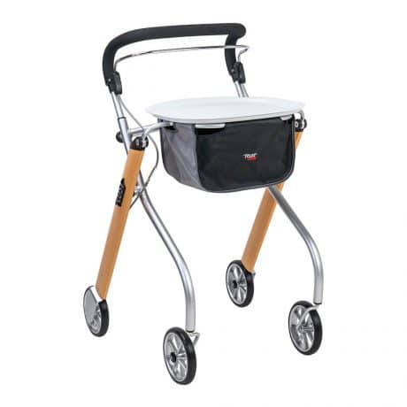 Let's Go Indoor Rollator in beech, silver, and black, featuring wheels and a storage bag for easy maneuverability.