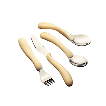 Caring Cutlery set with plastic moulded handles, stainless steel utensils, dishwasher safe, ergonomic design for easy handling.