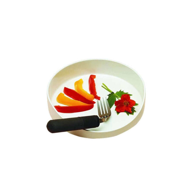 GripWare High-Sided Dish with mixed bell peppers and fork, designed for independent eating, made of dishwasher-safe melamine.