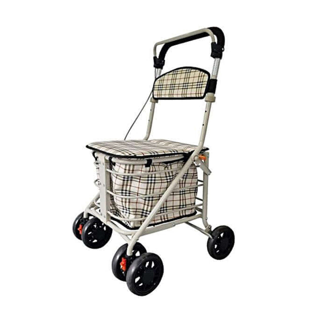 Shopping trolley with seat featuring padded handle for comfort and improved stability, perfect for grocery shopping.