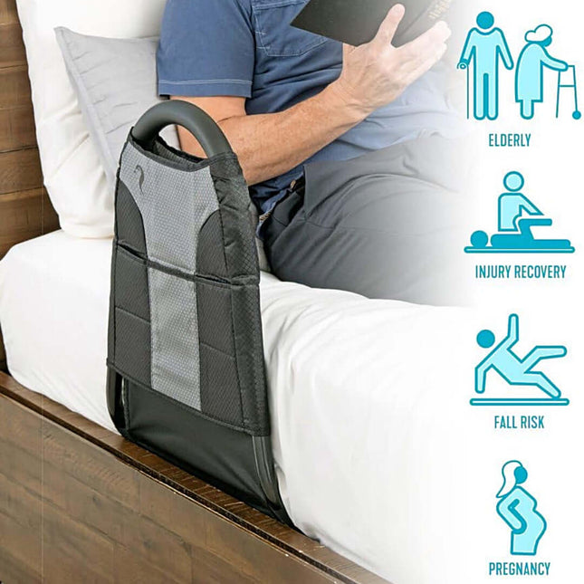 Stander Bedside Econorail providing support for the elderly, injury recovery, fall risk, and pregnancy in a stylish bedroom setting.