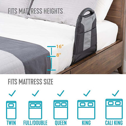 Stander Bedside Econorail shown attached to a bed, illustrating mattress height and size compatibility.