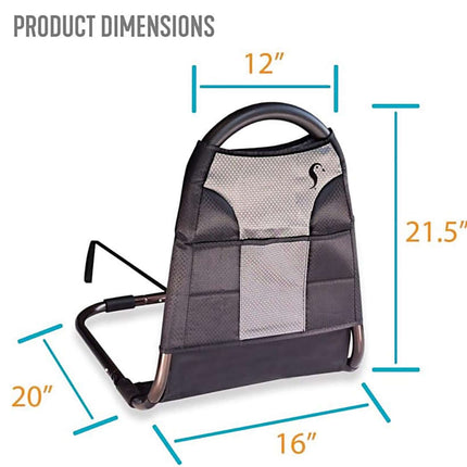 Stander Bedside Econorail dimensions: 12" W, 16" D, 20" H; standing height of 21.5" for safe bed support.