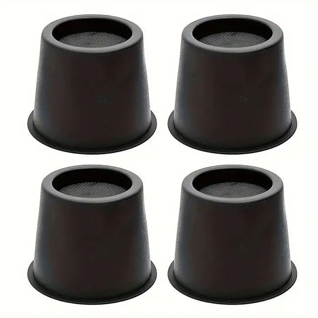 Four black chair or bed raisers, enhancing accessibility for sitting and standing, available in 14cm and 9cm heights.