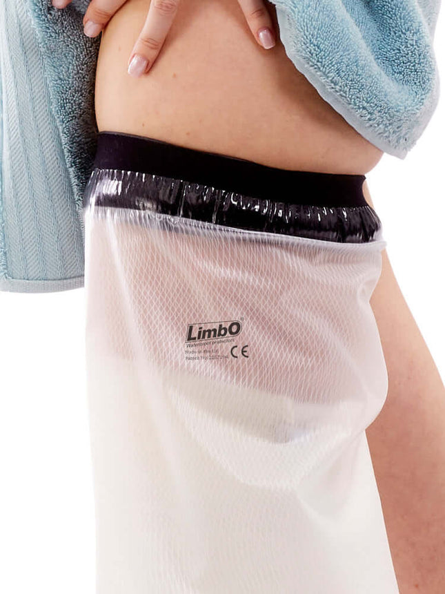 Waterproof Adult Full Leg Protector by LimbO, securely sealing to protect wounds during bathing or swimming.