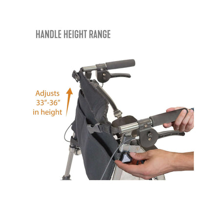 Adjustable handle height on EZ Fold N Go Rollator, ranging from 33 to 36 inches, enhancing comfort and support for users.