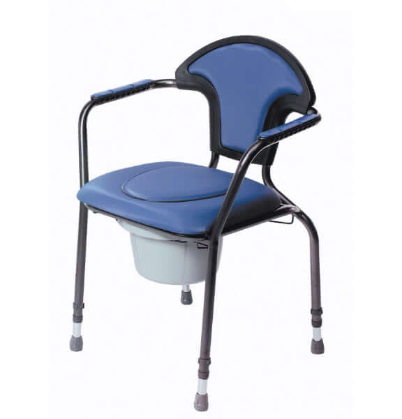 Luxury commode chair with height-adjustable design, sturdy metal frame, and removable potty for convenience.