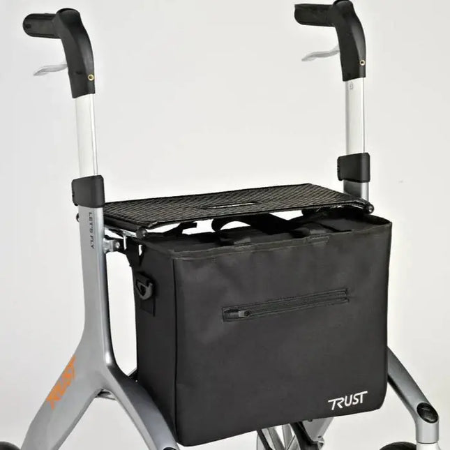 Lets Fly Rollator accessories: black storage bag with zip and seat on a rollator frame.