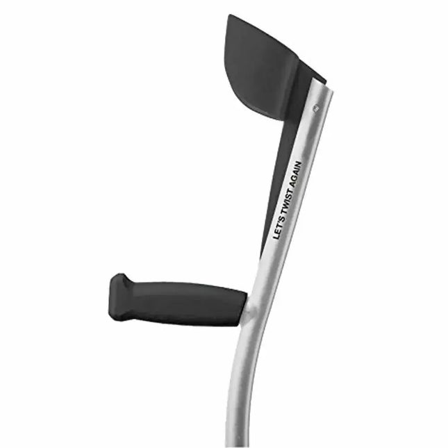 Lets Twist Again Crutches in silver and black with ergonomic armrest and handle design.