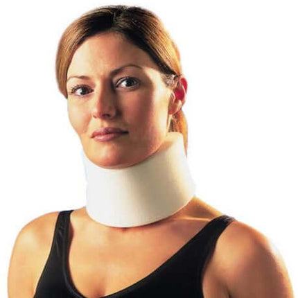 Woman wearing a foam neck collar designed for neck stabilization and pain relief after trauma.