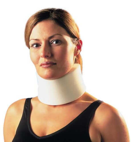 Woman wearing a foam neck collar designed for neck stabilization and pain relief after trauma.