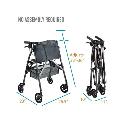 Compact EZ Fold N Go Rollator  , adjustable height, and easy storage dimensions shown. No assembly required.