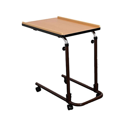 Adjustable over bed/chair table with wooden top and metal frame on wheels for easy movement.