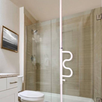 Tension-mounted Security Pole with Curved Grab Bar in a modern bathroom for easy standing assistance.