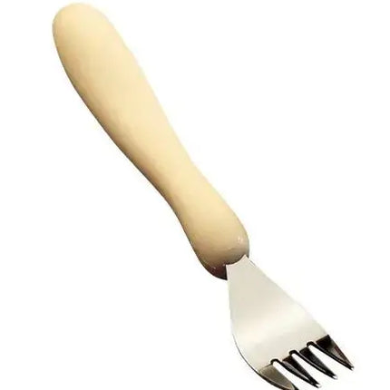 Caring Cutlery fork with plastic molded handle, stainless steel head, comfortable grip, dishwasher safe.