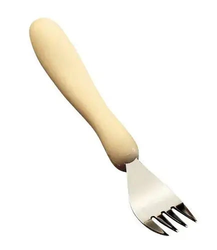 Caring Cutlery fork with plastic molded handle, stainless steel head, comfortable grip, dishwasher safe.