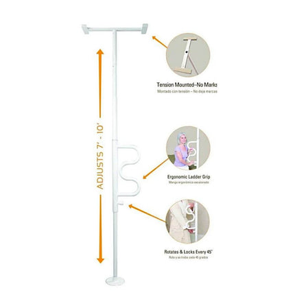 Adjustable Security Pole with Curved Grab Bar for easy standing, tension-mounted, no marks on walls.