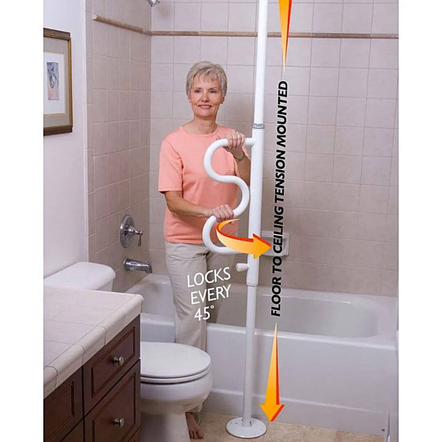 Woman using a floor-to-ceiling tension-mounted security pole with a curved grab bar in a bathroom setting.