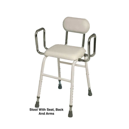 4 in 1 perching stool with padded seat, back, and arms, adjustable height, and powder coated steel frame.