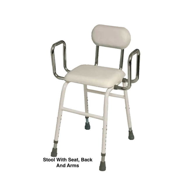 4 in 1 perching stool with padded seat, back, and arms, adjustable height, and powder coated steel frame.