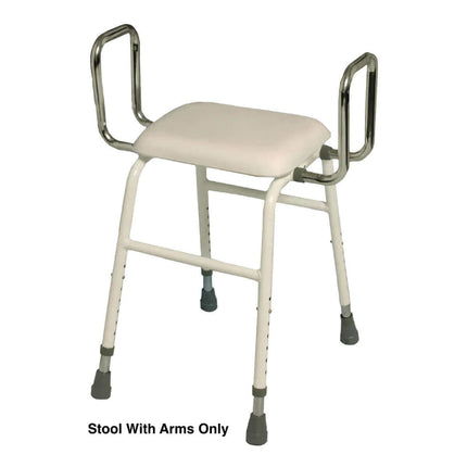 4 in 1 Perching Stool with arms, padded seat, and durable powder-coated steel frame, adjustable height for comfort.