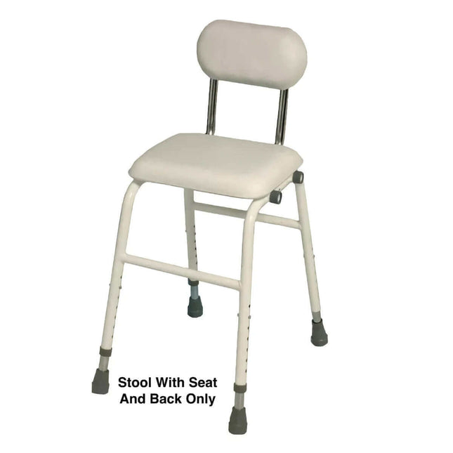 4 in 1 perching stool with padded seat and backrest, adjustable height, and sturdy steel frame.