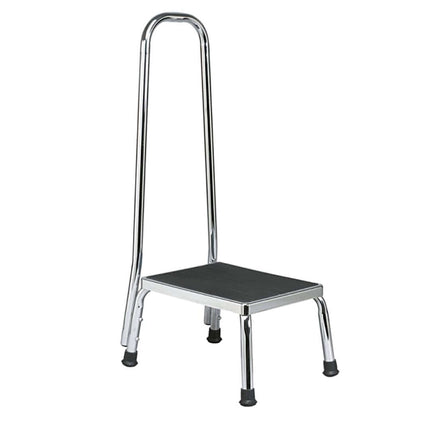 Sturdy footstool with handrail, rubber mat surface, and chrome plated steel frame for easy bath access.