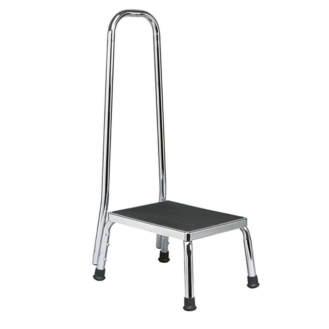 Sturdy footstool with handrail, rubber mat surface, and chrome plated steel frame for easy bath access.