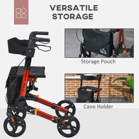 4 Wheel Rollator Walker showing versatile storage features including a storage pouch and cane holder.