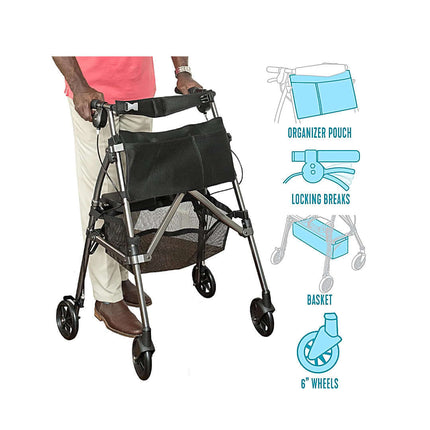Compact EZ Fold N Go Rollator with seat, locking brakes, organizer pouch, basket, and 6-inch wheels for easy mobility.