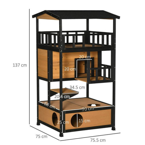 Wooden Outdoor Cat House 3-Tier Kitten Shelter w/ Tilted Roof Yellow - Premium  from PawHut - Just £127.95! Shop now at Senior Living Aids