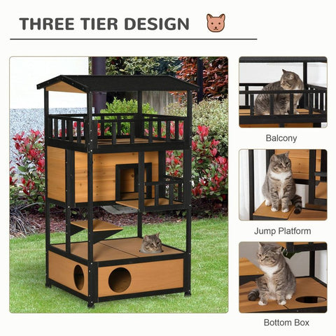 Wooden Outdoor Cat House 3-Tier Kitten Shelter w/ Tilted Roof Yellow - Premium  from PawHut - Just £127.95! Shop now at Senior Living Aids