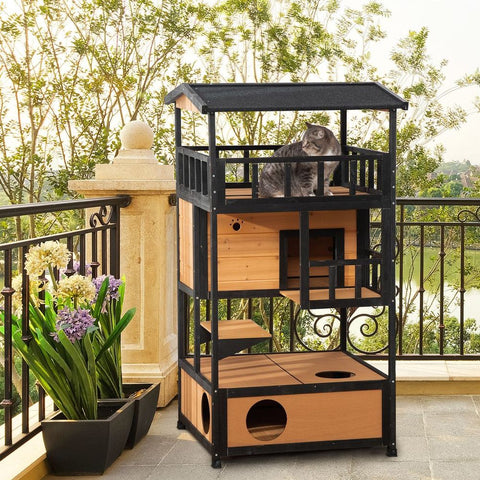 Wooden Outdoor Cat House 3-Tier Kitten Shelter w/ Tilted Roof Yellow - Premium  from PawHut - Just £127.95! Shop now at Senior Living Aids