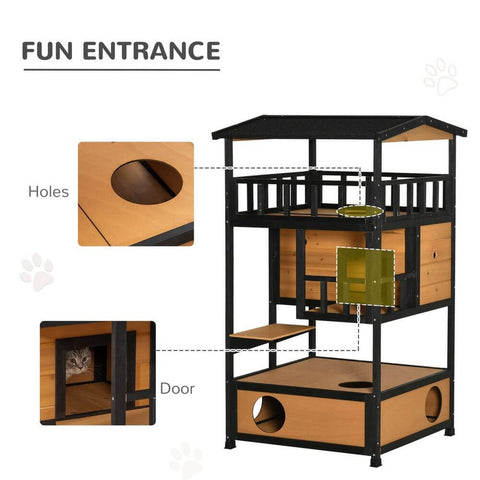 Wooden Outdoor Cat House 3-Tier Kitten Shelter w/ Tilted Roof Yellow - Premium  from PawHut - Just £127.95! Shop now at Senior Living Aids